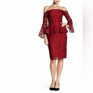 Laundry by Shelli Segal Red Lace Off Shoulder Peplum Bell Sleeve Dress Size 6
